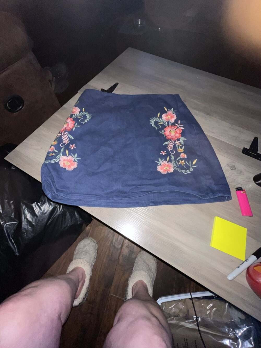 Mi Ami Floral Embroidered Skirt Size L Blue Corduroy Mini